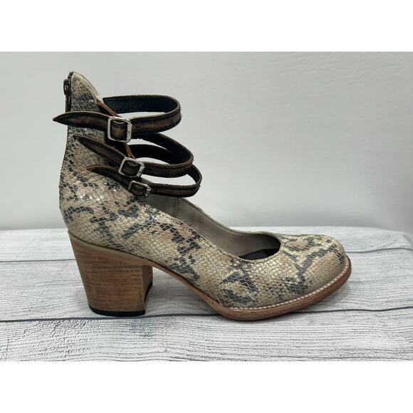 Freebird Randi Snakeskin Leather Heels Ankle Strap Block Heel Pump Shoes Size 9 - Picture 1 of 13